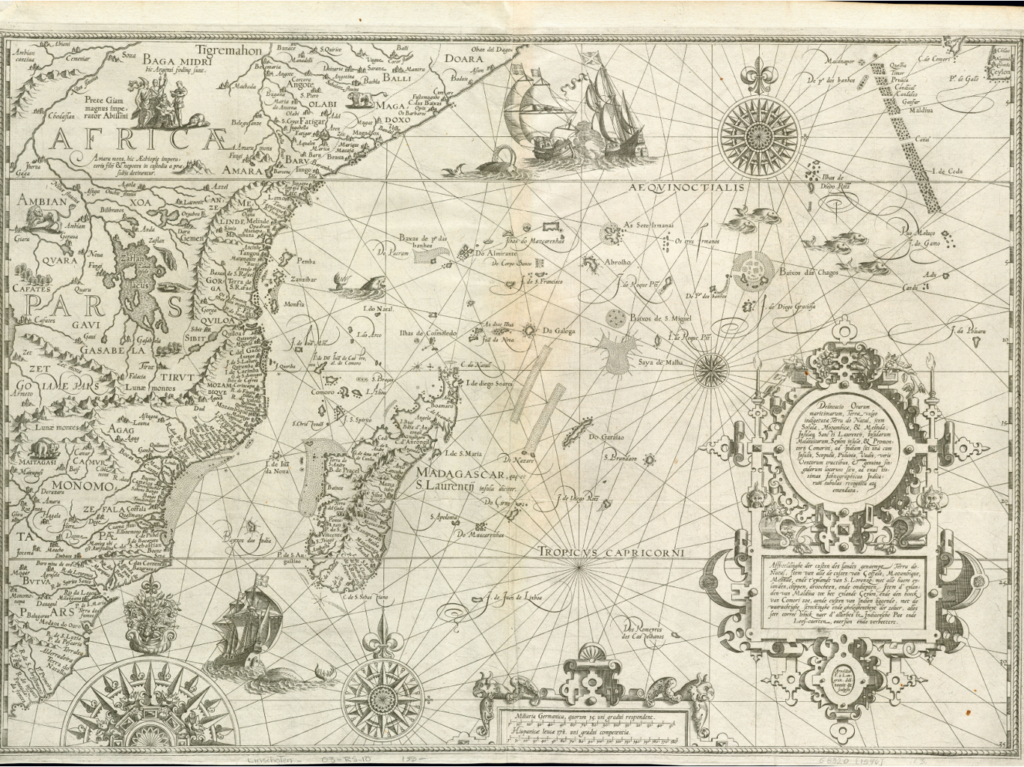 Map of Madagascar and the Southern Indian Ocean in Linschoten, Itinerario. Jan Huygen van Linschoten, from Itinerario, 1595. John Carter Brown Library.