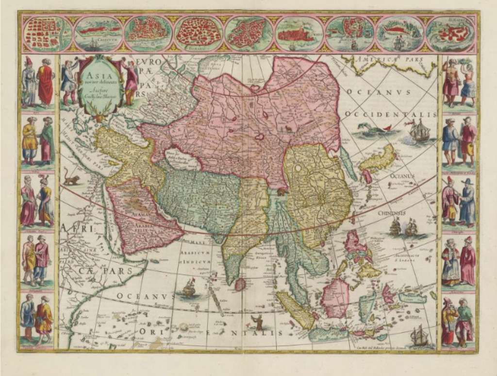 Seventeenth-century Dutch map of Asia, showing ethnographic images.