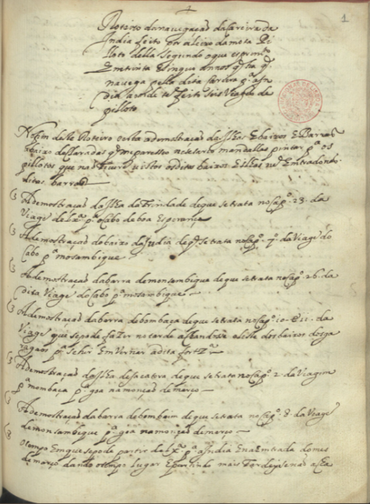 A seventeenth-century Portuguese roteiro (rutter) giving directions for sailing between India and Africa. 100 pages of step by step description.