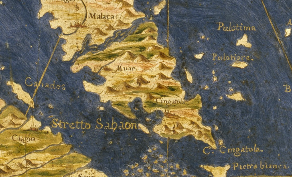 The 1573 map by Egnazio Danti showing Cingatola as an island located on the tip of Regio di Malaca.