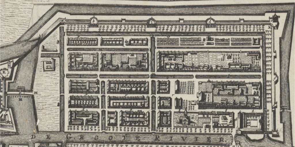 Map of Batavia, Detail. Along the top wall are the Mallabars’ Quarter and the Bandanese Quarter